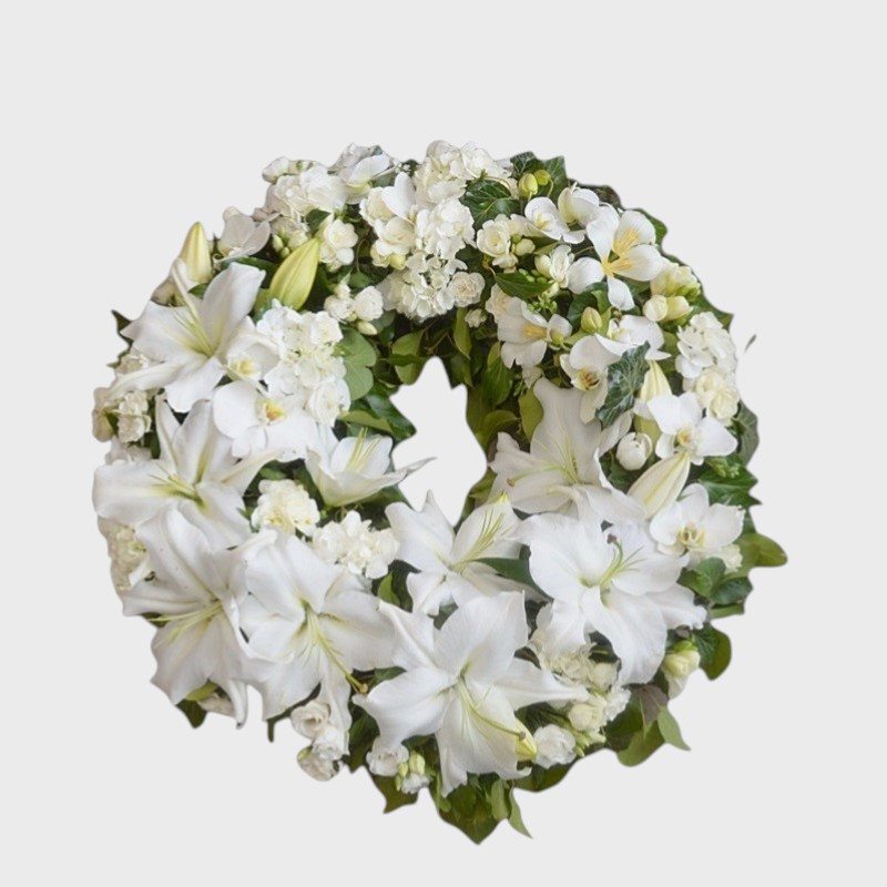 Coroana funerara cu orhidee, hortensii si crini