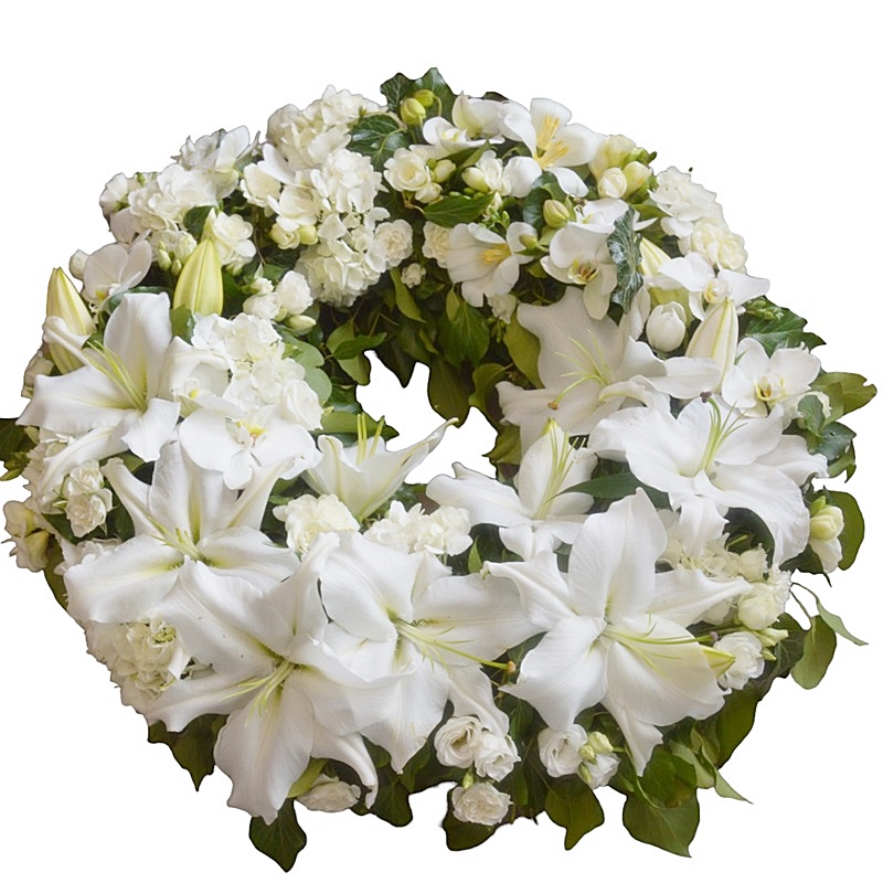 Coroana funerara cu orhidee, hortensii si crini - imagine 3
