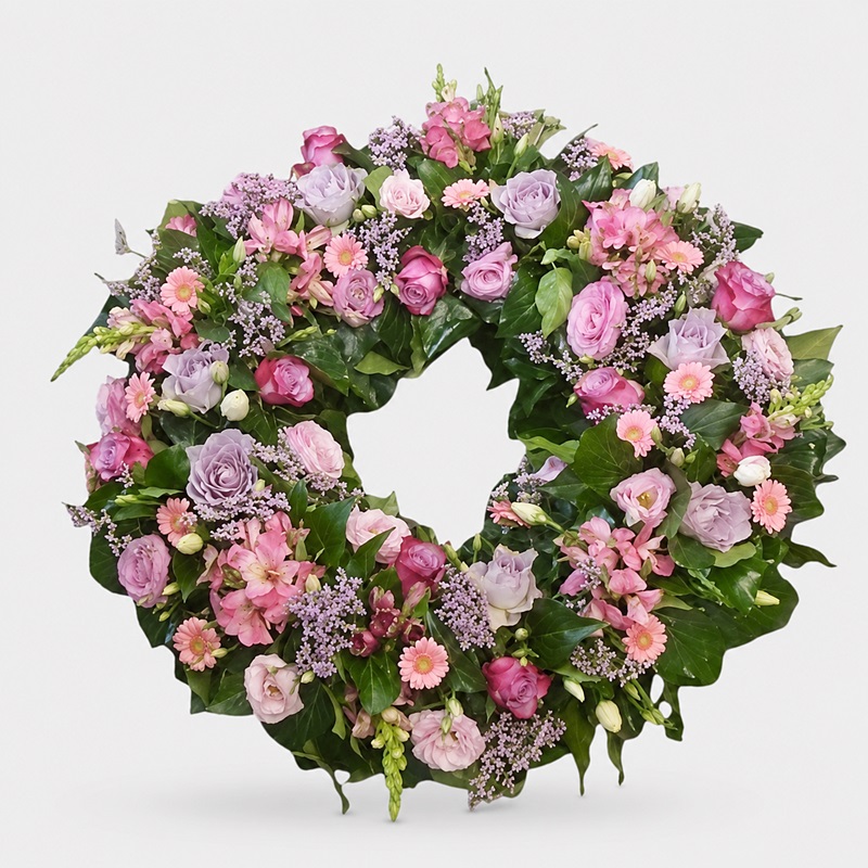 coroana funerara rotunda cu trandafiri mov