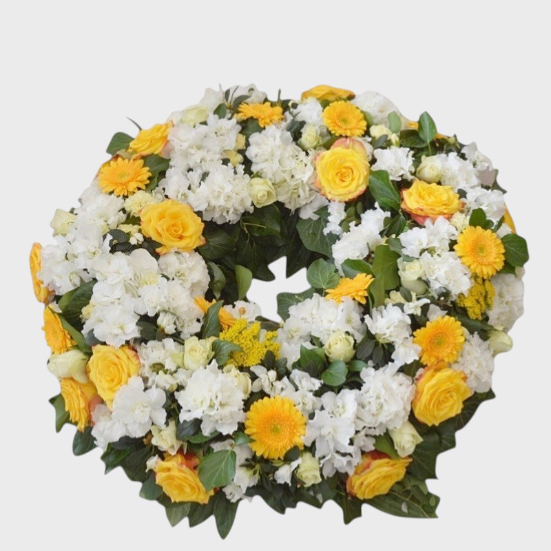Coroana funerara cu hortensii, gerbera si trandafiri
