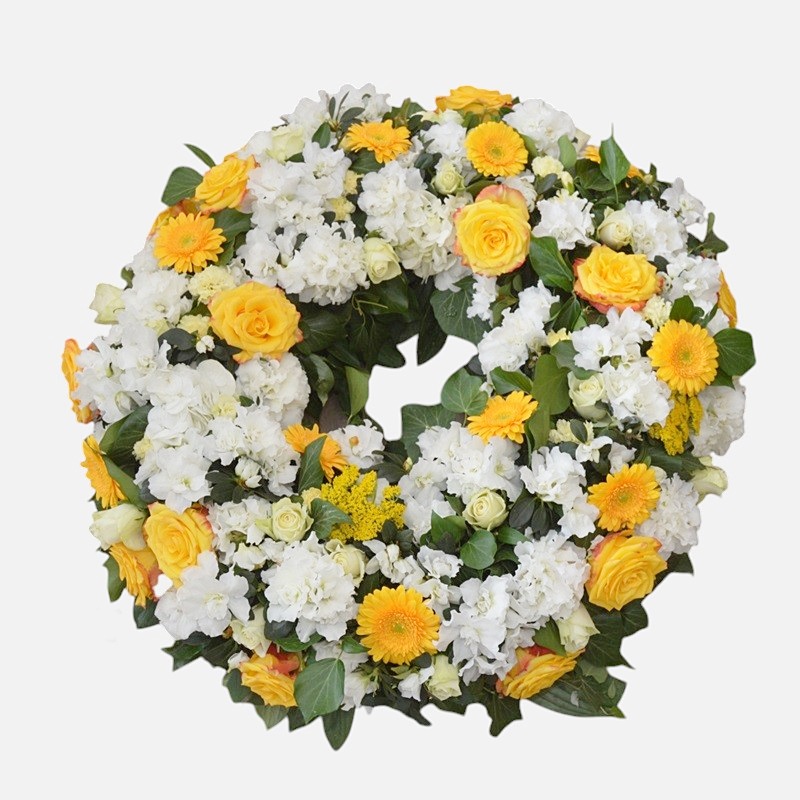 Coroana funerara cu hortensii, gerbera si trandafiri - imagine 3