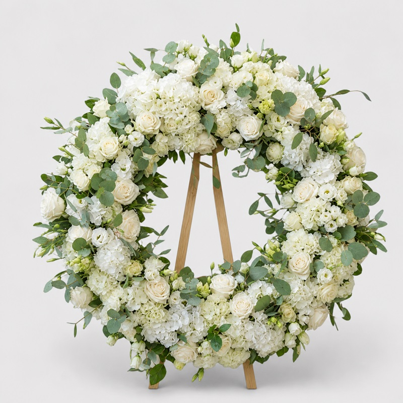 Coroana funerara cu trandafiri si hortensii pe suport cu picior