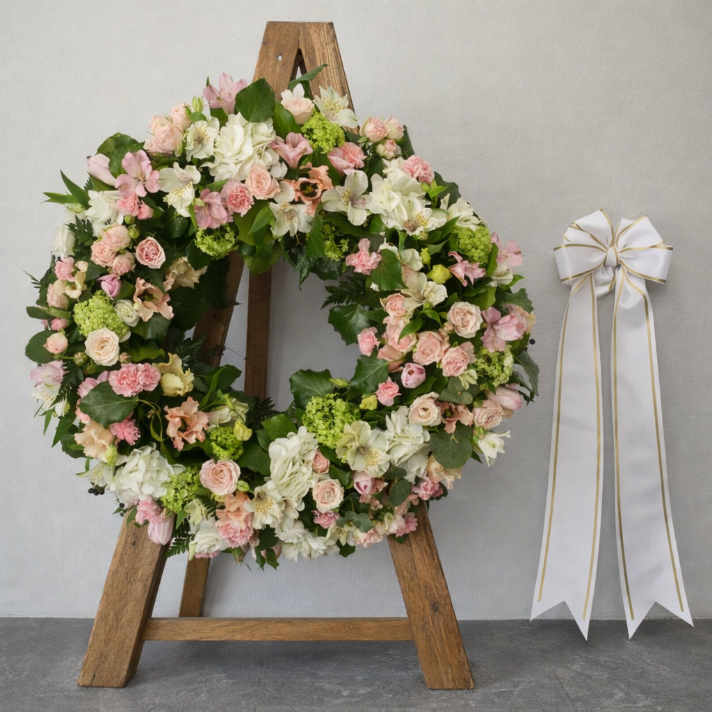 coroana funerara pe suport de lemn cu panglica langa