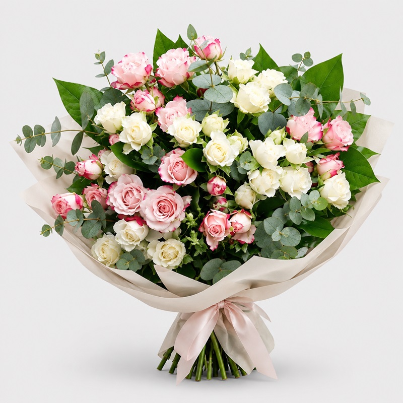 Buchet cadou cu 9 miniroze alb si roz