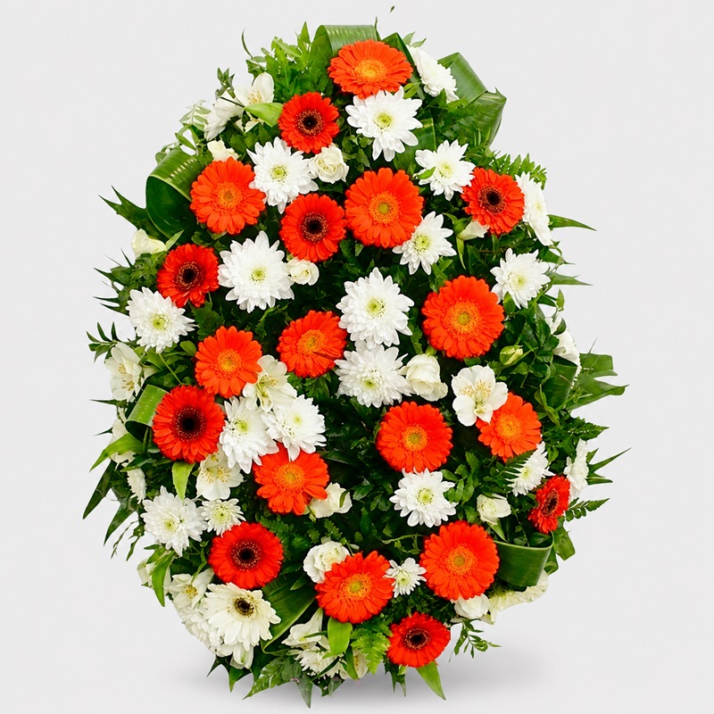 Coroana funerara lacrima cu crizanteme albe si gerbera rosie
