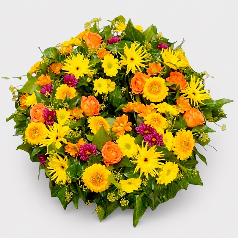 Coroana funerara cu crizanteme gerbera si trandafiri