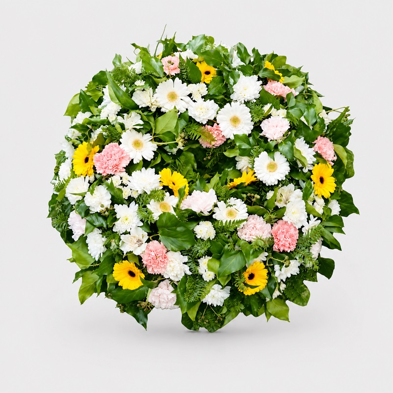 coroana funerara rotuda cu garoafe si gerbera