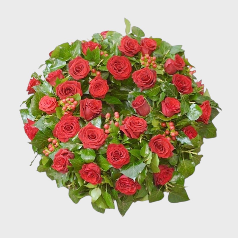 Coroana funerara cu trandafiri rosii