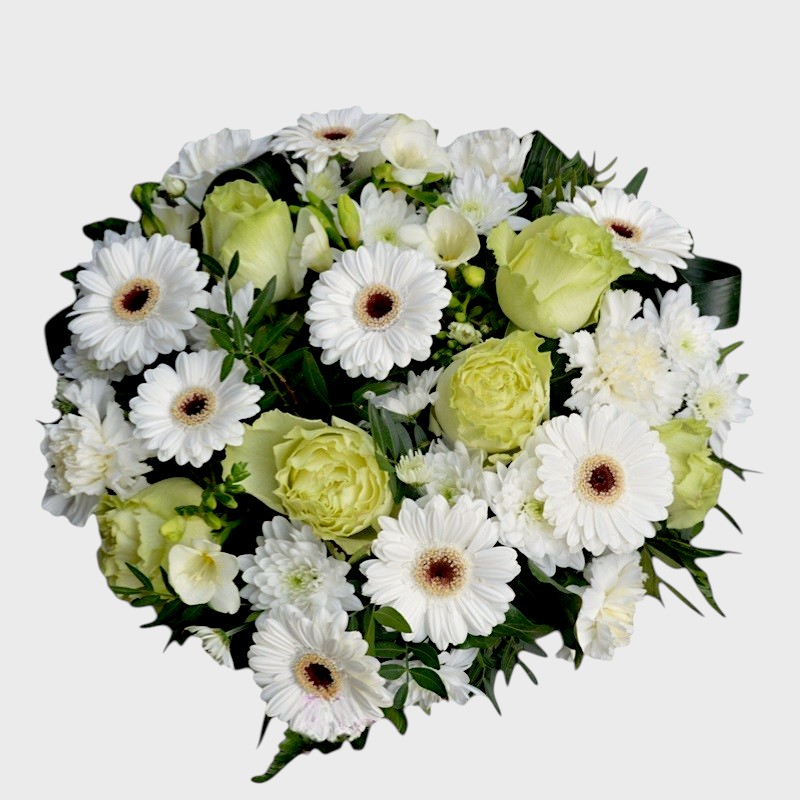 Coroana funerara rotunda cu trandafiri si gerbera