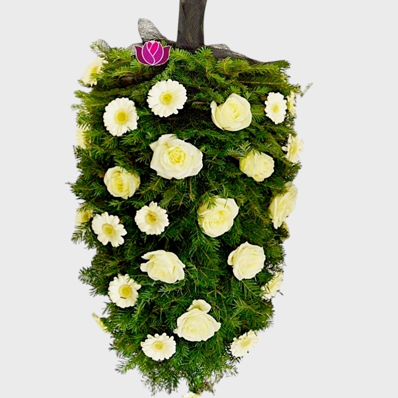 Jerba funerara cu trandafiri si minigerbera