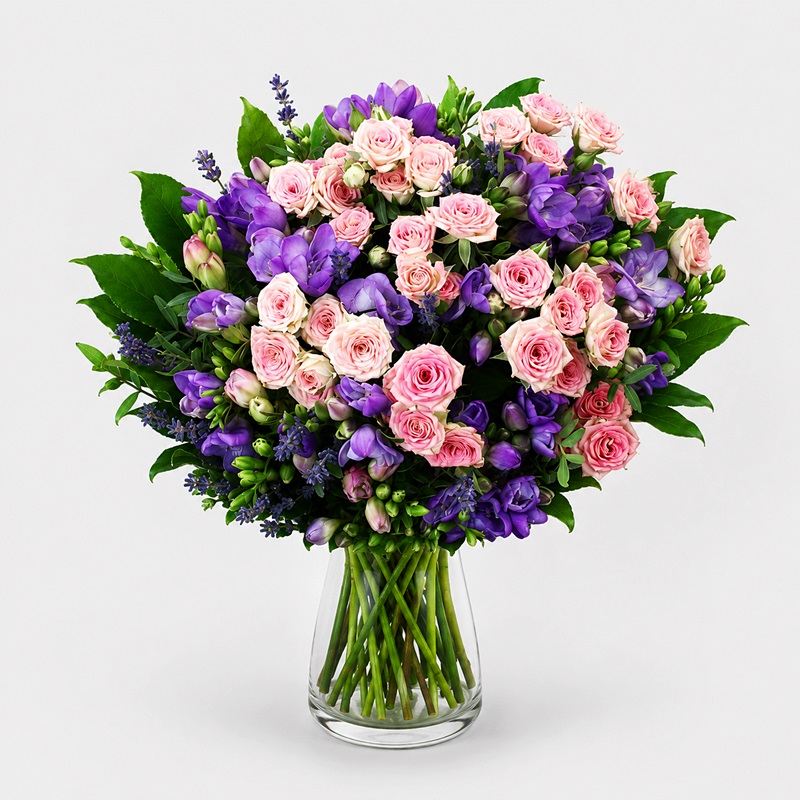 Buchet cadou cu frezii mov si miniroze Roz Provence