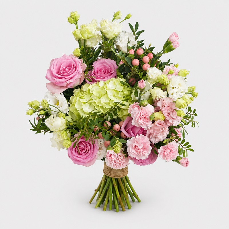 Buchet roz cu hortensie verde, trandafiri roz, garoafe roz pal, lisianthus alb și hypericum roz.