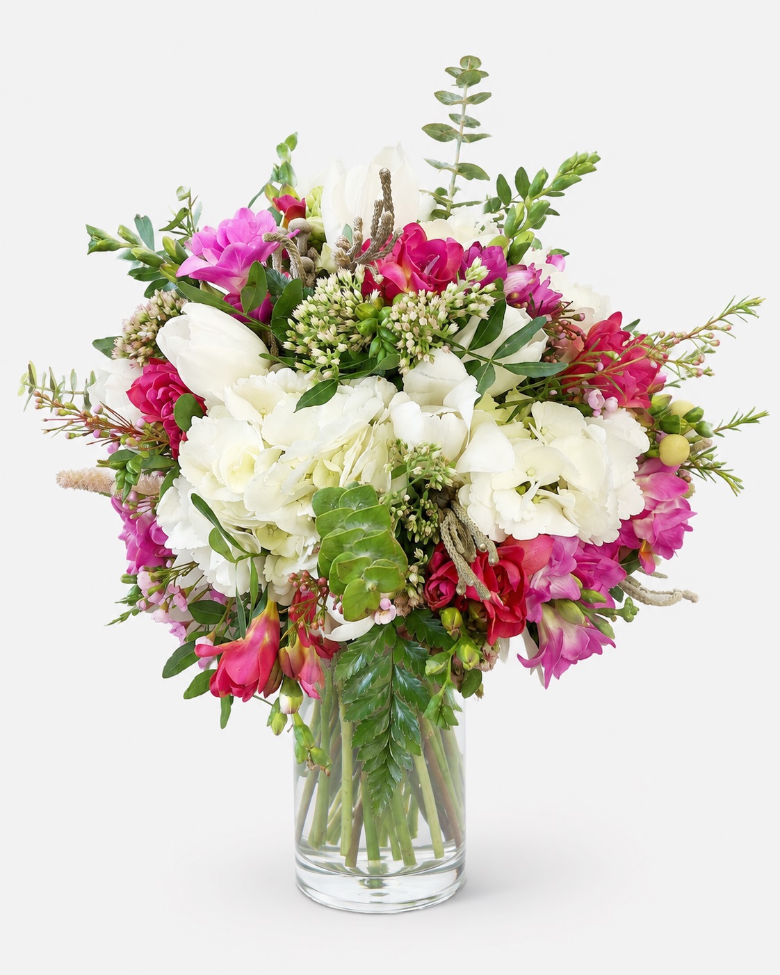 Buchet cadou cu hortensii, frezii si lalele Aurora Fuchsia