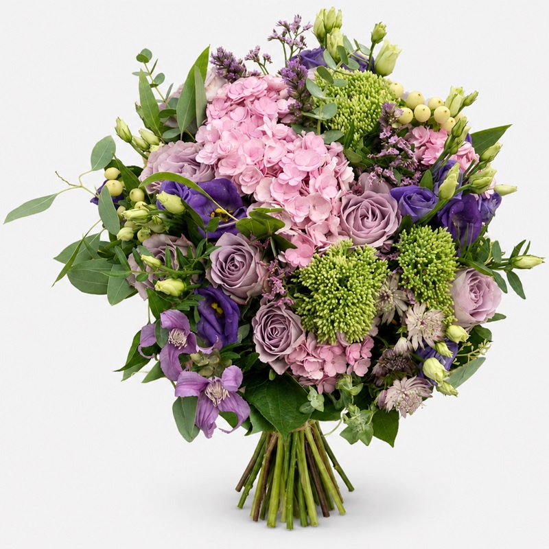Buchet hortensii roz Lavender Garden cu trandafiri mov-lavanda si lisianthus