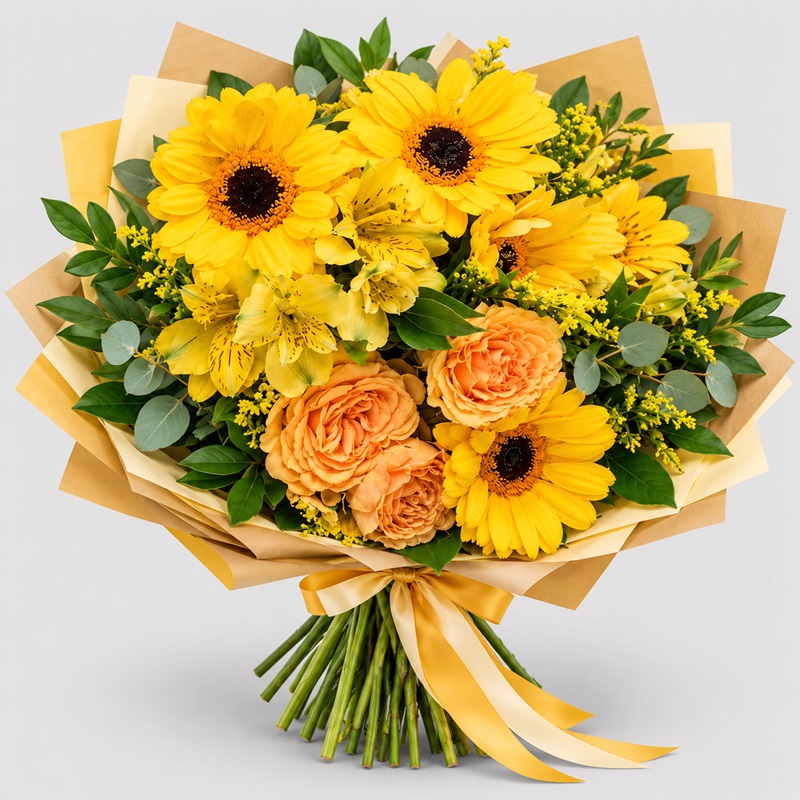 Buchet cadou cu trandafiri si gerbera Raze de soare