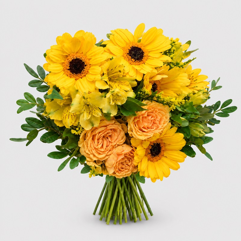 Buchet cadou cu trandafiri si gerbera Raze de soare