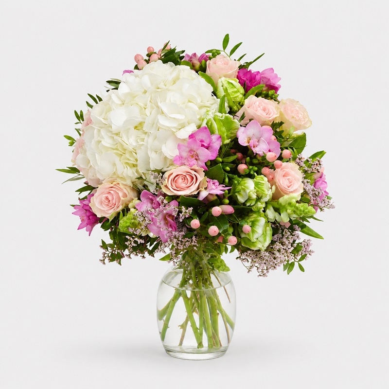 Buchet cadou roz cu trandafiri, hortensie, lalele si frezii
