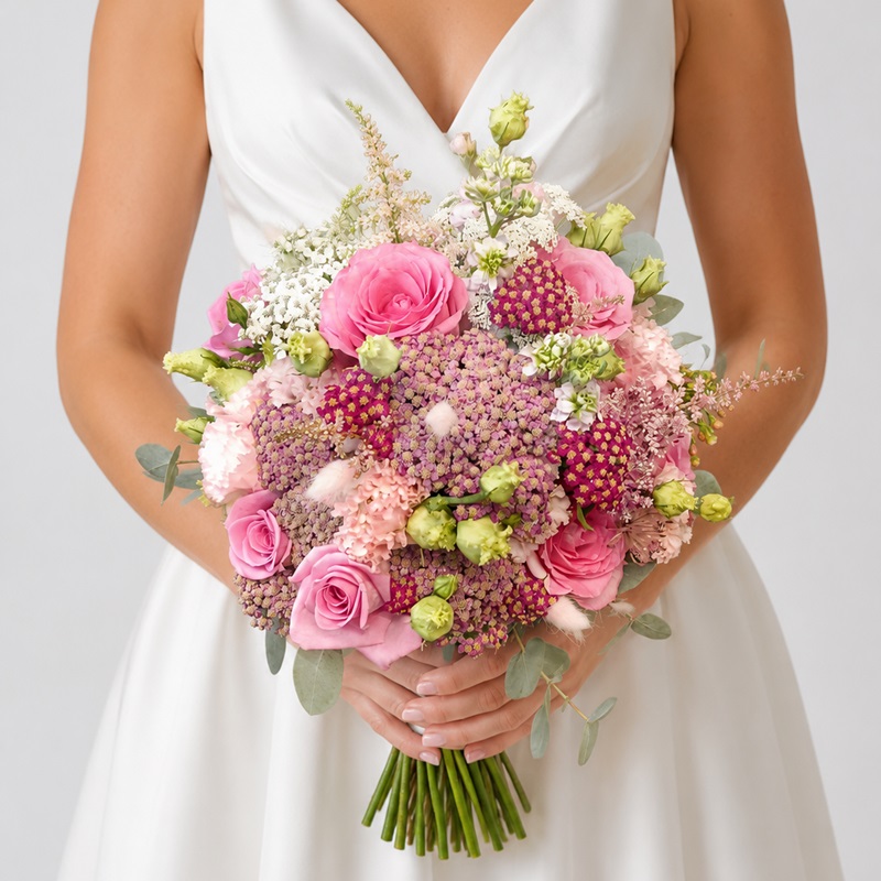 Buchet mireasă roz cu trandafiri, lisianthus și astilbe – Amour Rosé
