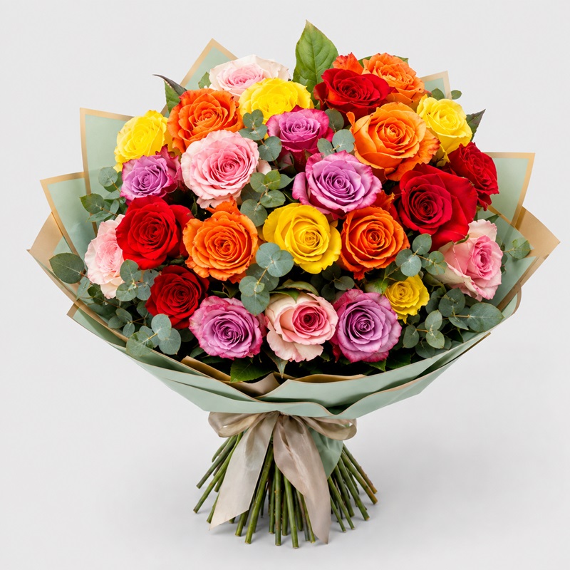 Buchet cu 25 trandafiri multicolori Curcubeu de Dorinte