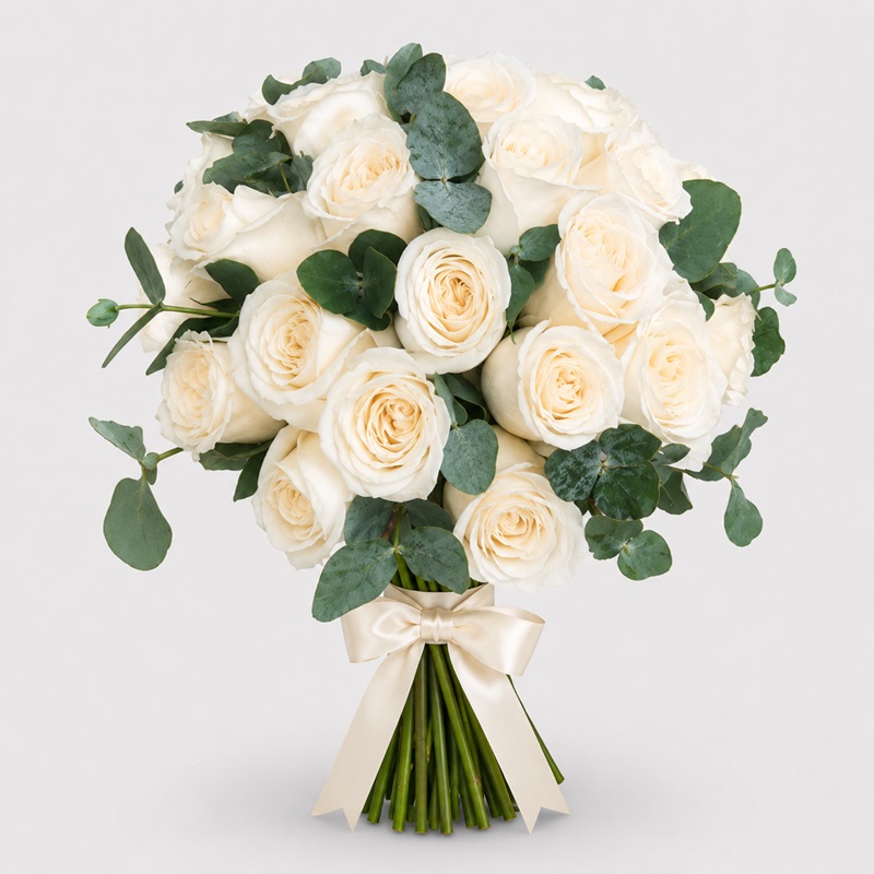 Buchet de mireasa cu trandafiri albi premium si eucalipt, legat manual cu panglica satin ivoire.
