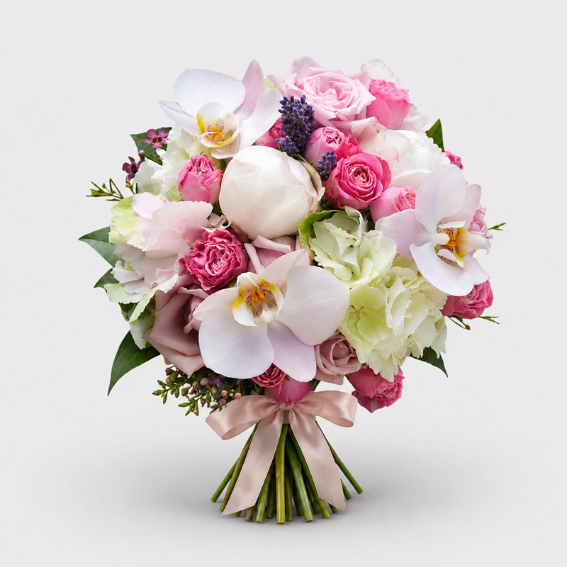 Buchet de mireasa elegant cu orhidee Phalaenopsis albe, bujor alb, trandafiri roz, miniroze, hortensie si lavanda.