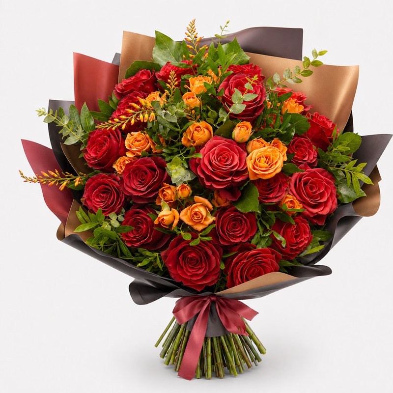 Buchet premium cu trandafiri rosii si miniroze portocalii