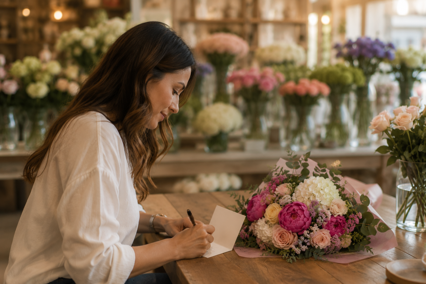 florist scrie o felicitare in florarie pentru un buchet de flori
