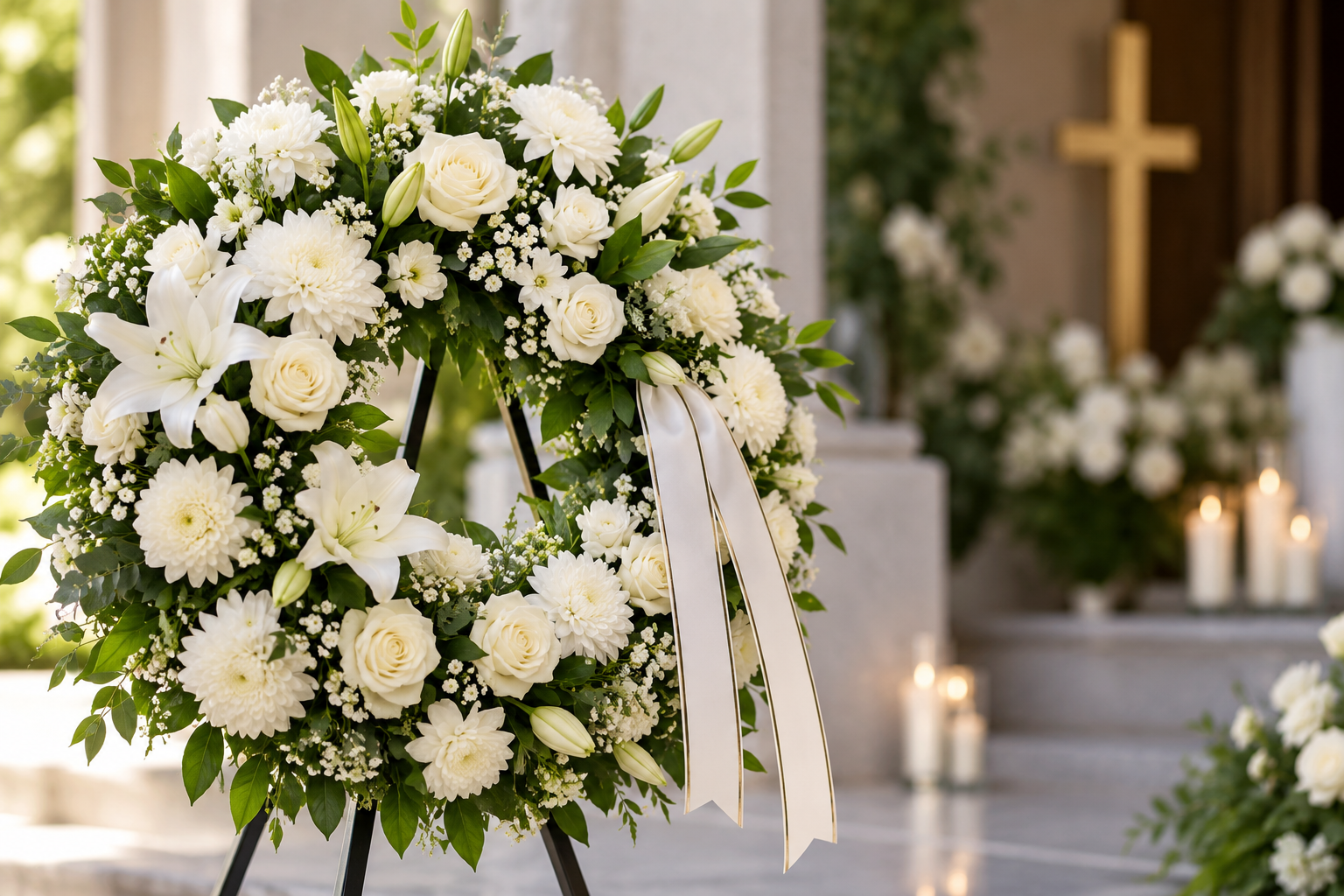 coroana funerara cu flori albe in biserica