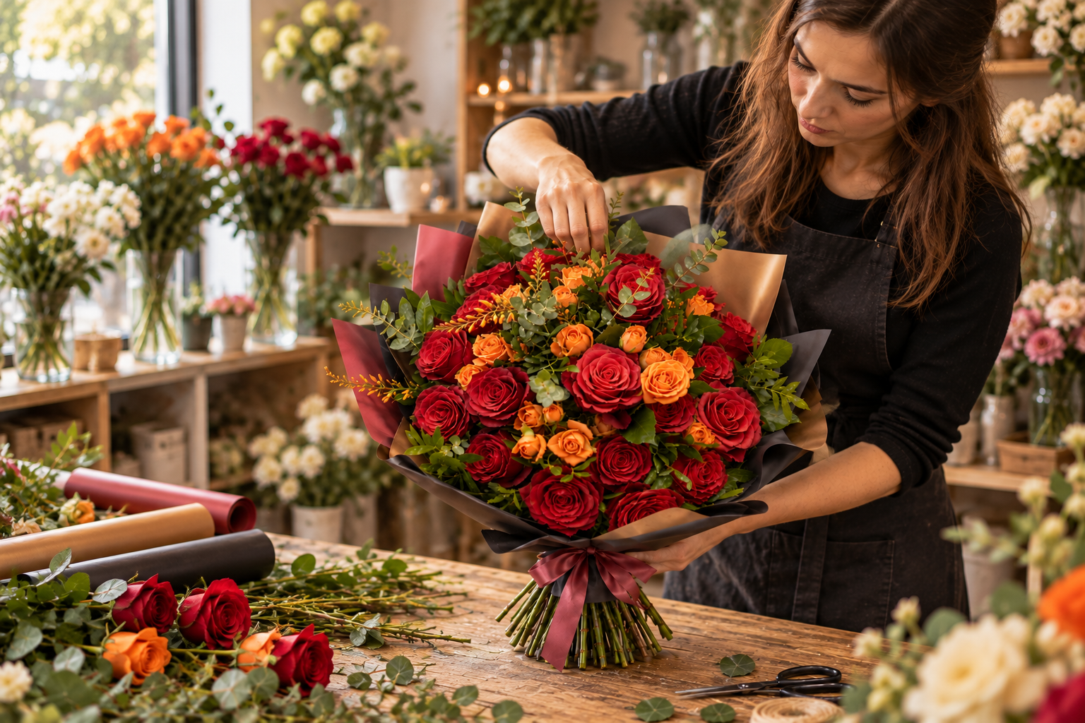 Florist pregateste un buchet de trandafiri rosii si portocalii