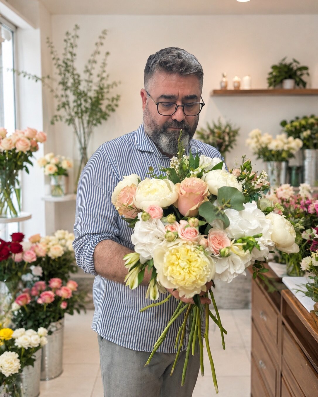 Ștefan Ditu, designer floral la Flowers Garden, cu un buchet de bujori și trandafiri