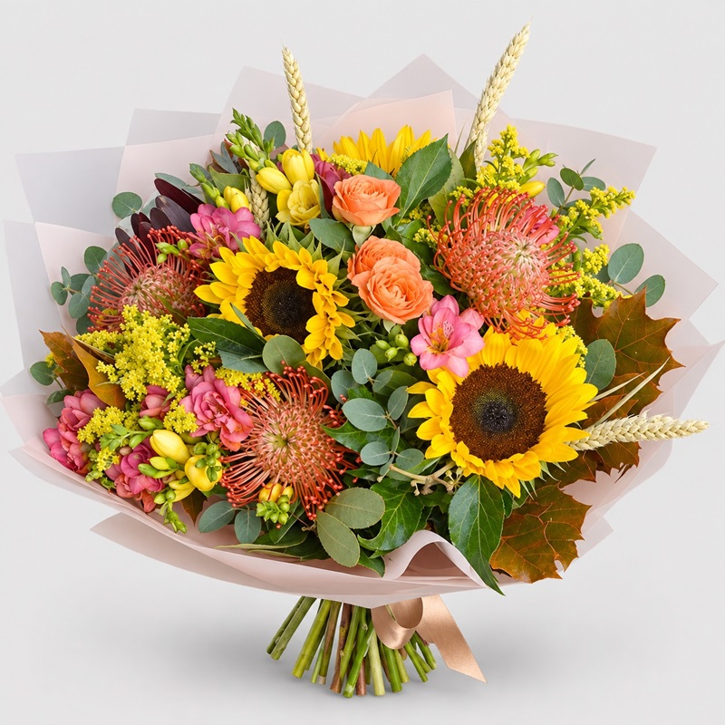Buchet cu floarea soarelui si frezii "Apus de Octombrie"