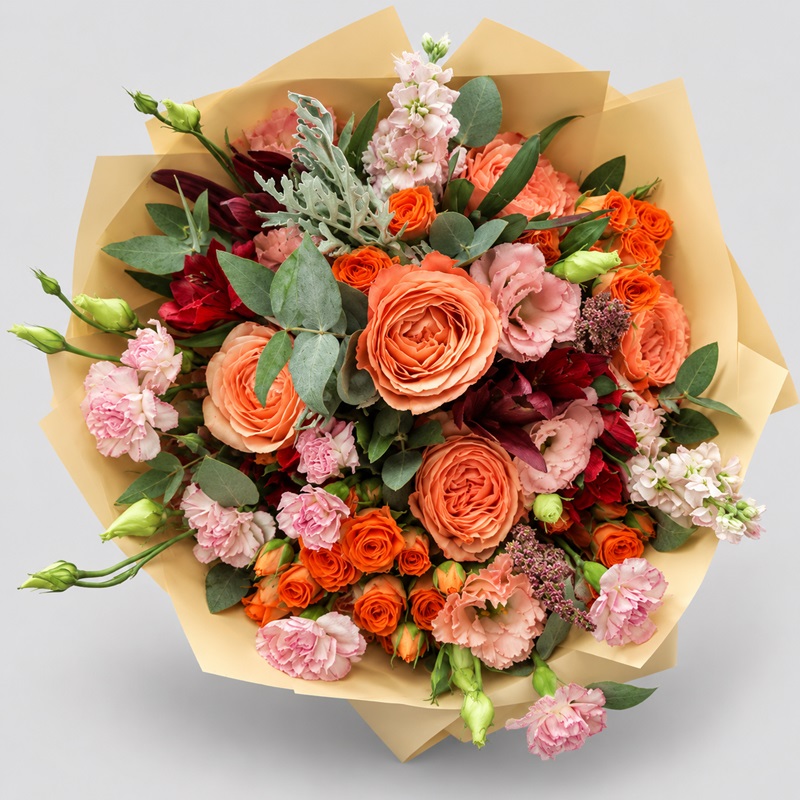 Buchet premium Catifea de Cais cu trandafiri piersică, miniroze portocalii, lisianthus roz, eucalipt și ambalaj elegant.